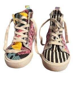 Patchwork Skull & Stripe High-Top Sneakers Canvas Upper Multicolor Size 8 Pre-Ow